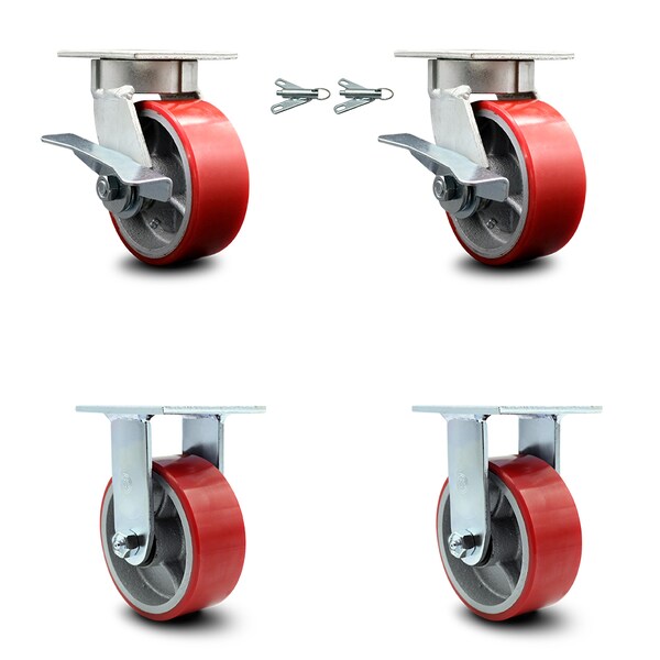 5 Inch Kingpinless Red Poly on Steel Wheel Caster Swivel Locks 2 Rigid, 2PK